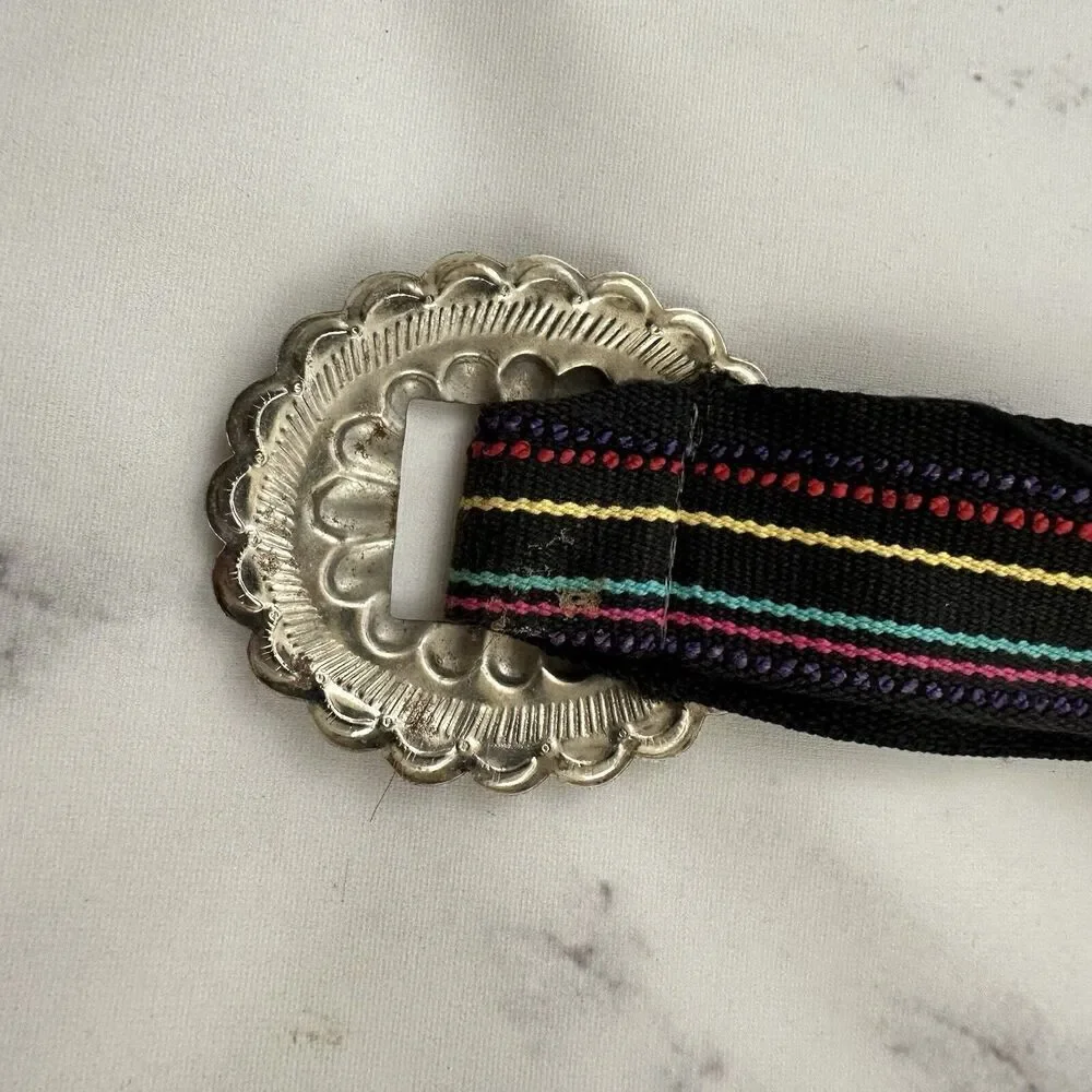 Womens Vintage Fabric Woven Belt Size M Black Colorful Stripe Tin Buckle Western